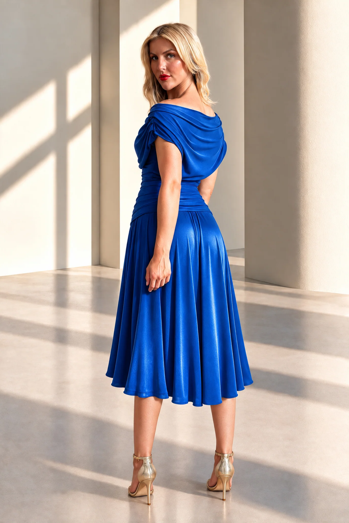 Atom Label Carbon Bardot Tea Length Dress – Cobalt Bue in cobalt blue on model. ATOM LABEL. Shop ATOM LABEL at Dotique.