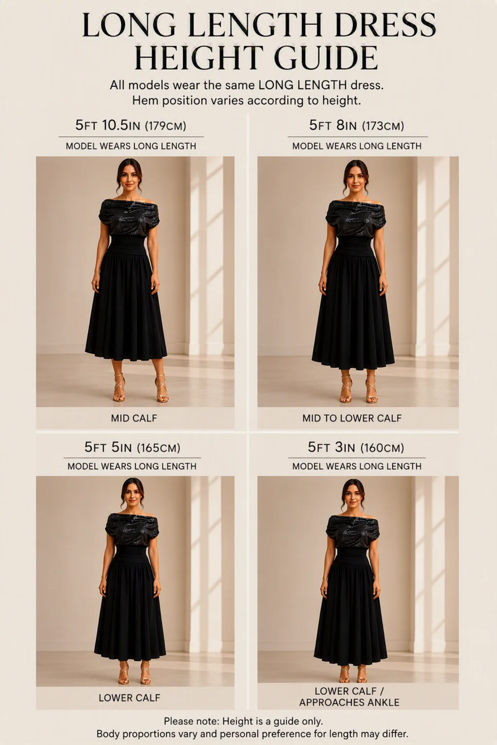 Atom Label Carbon Bardot Tea Length Dress – Navy height guide by ATOM LABEL. Shop ATOM LABEL at Dotique