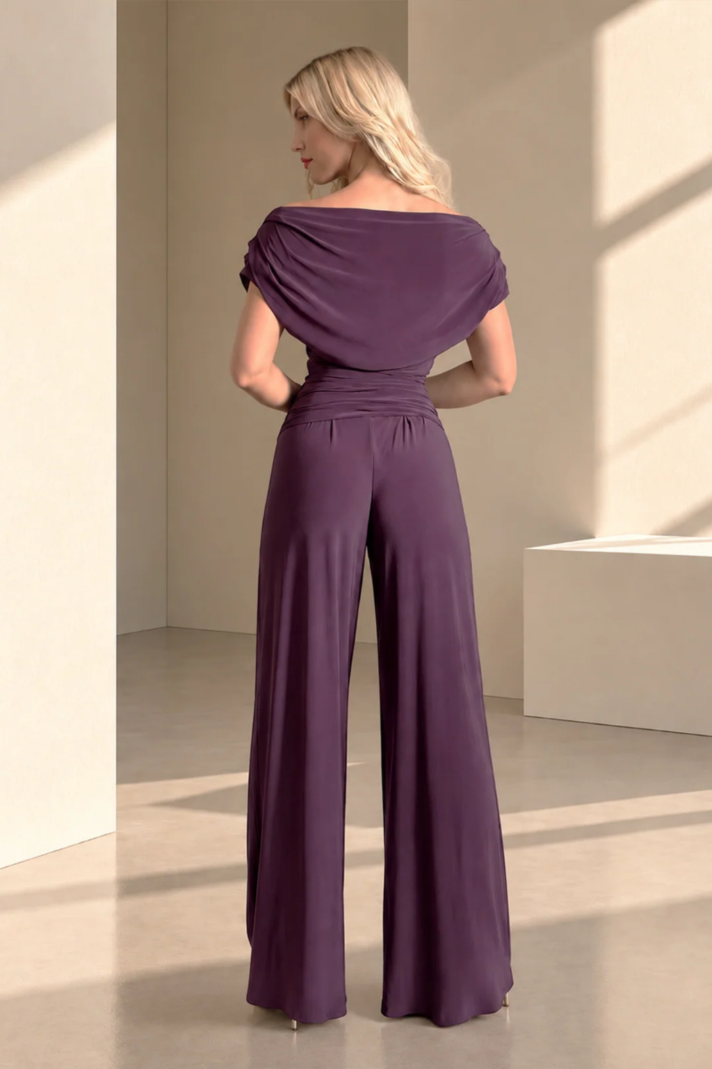 Atom Label Carbon Bardot Wide Leg Jumpsuit – Blackcurant Regular Length back view. Shop ATOM LABEL at Dotique.