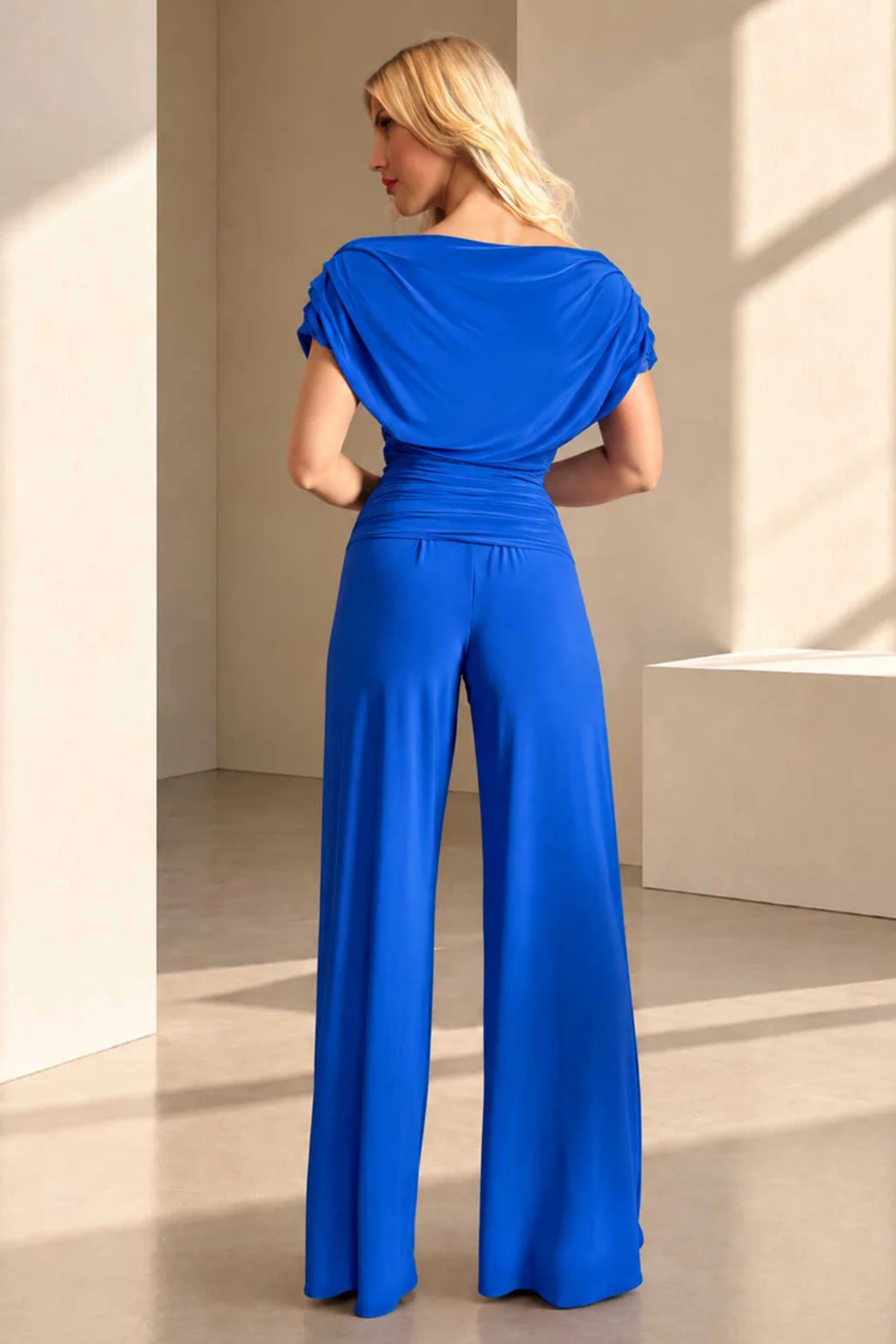 Atom Label Carbon Bardot Wide Leg Jumpsuit – Cobalt Blue Regular Length, back view. ATOM LABEL. Shop ATOM LABEL at Dotique.