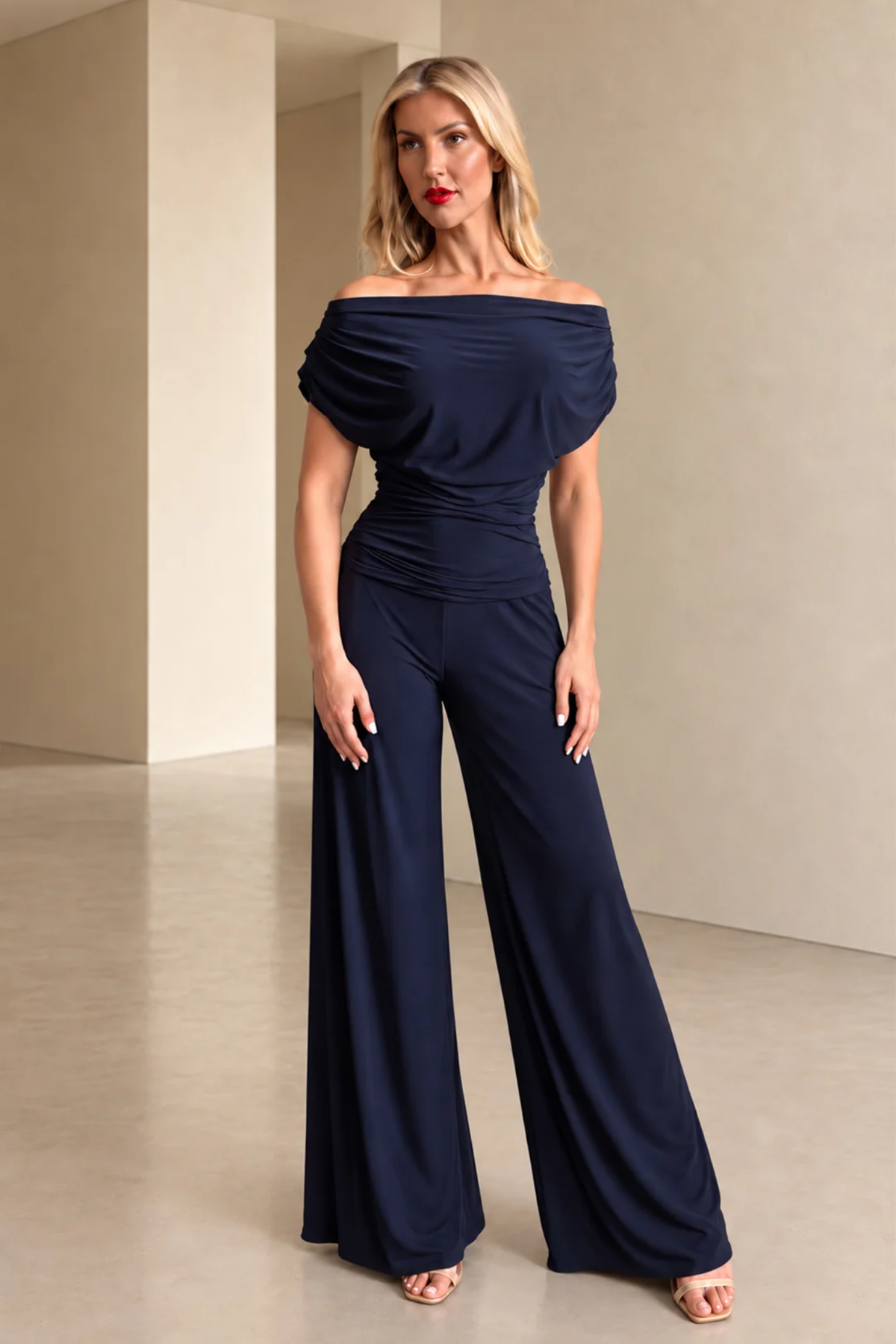 Atom Label Carbon Bardot Wide Leg Jumpsuit – Navy Regular Length by ATOM LABEL Shop ATOM LABEL at Dotique