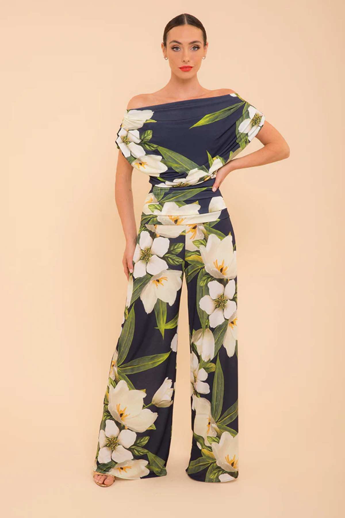 ATOM LABEL Carbon Jersey Jumpsuit with Sleeve in Navy Lily Print  (Regular Length) at Dotique Chesterfield