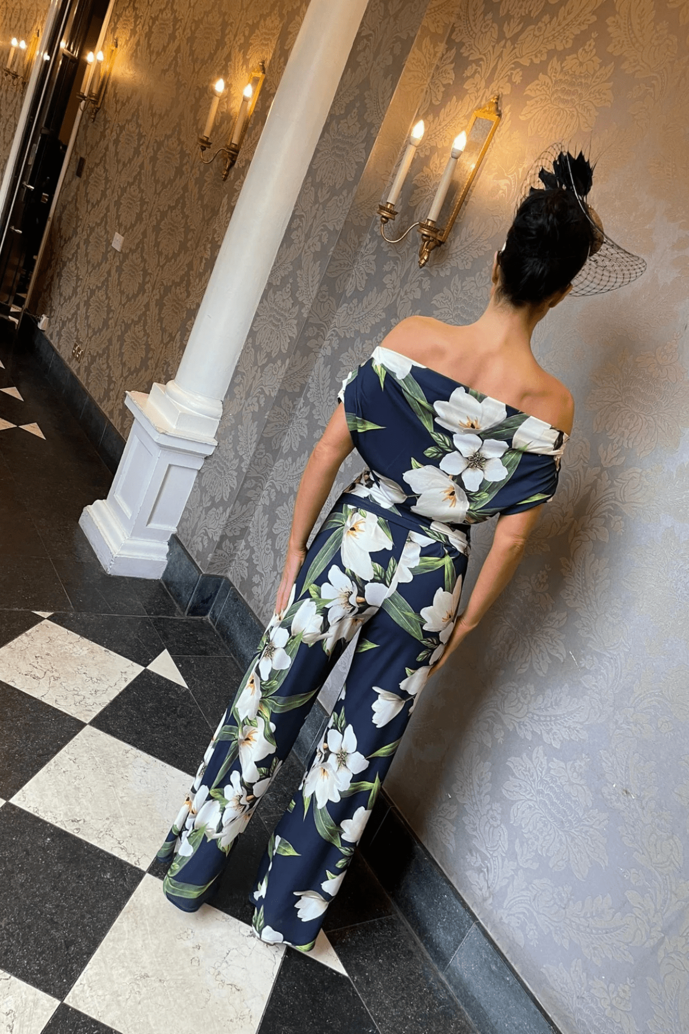 ATOM LABEL Carbon Jersey Jumpsuit with Sleeve in Navy Lily Print  (Regular Length) at Dotique Chesterfield