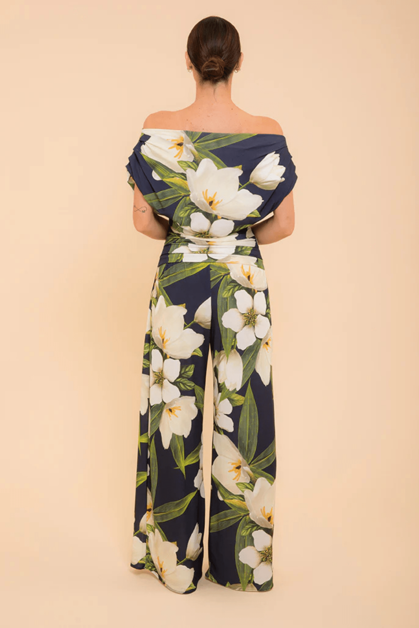 ATOM LABEL Carbon Jersey Jumpsuit with Sleeve in Navy Lily Print  (Regular Length) at Dotique Chesterfield