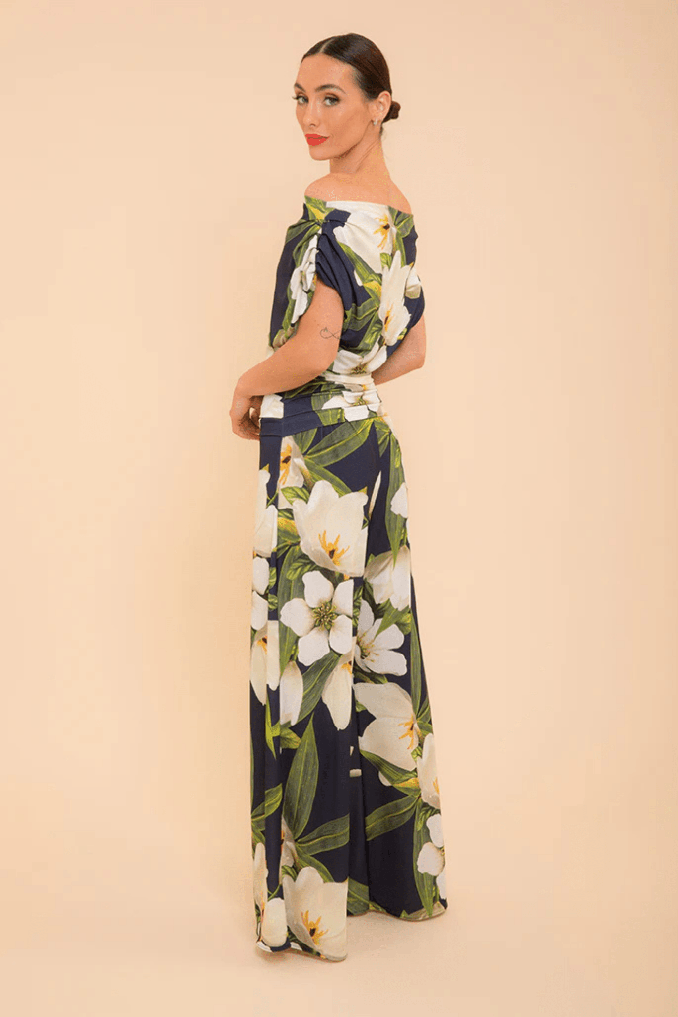 ATOM LABEL Carbon Jersey Jumpsuit with Sleeve in Navy Lily Print  (Regular Length) at Dotique Chesterfield