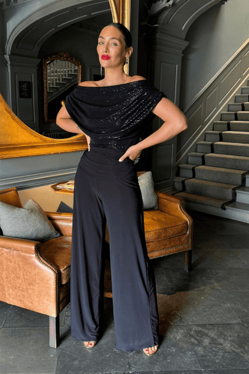 Atom Label Carbon Jumpsuit in Black Sequin Regular Length - Dotique - ATOM LABEL