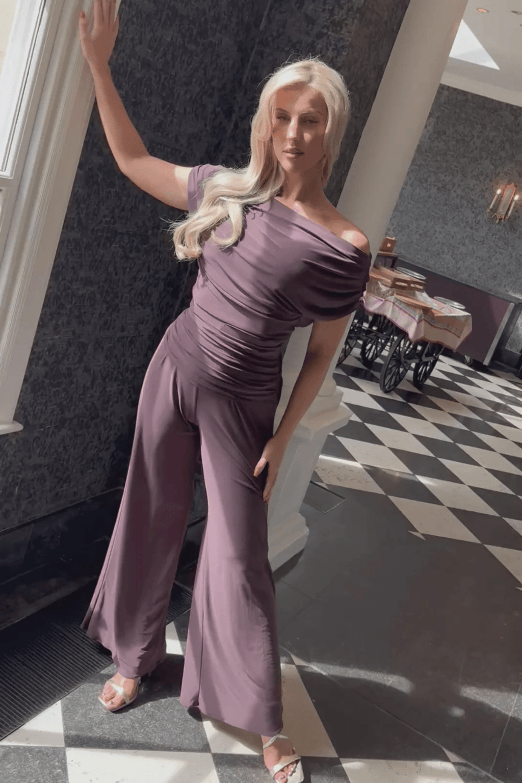 Atom Label Carbon Jumpsuit in Chocolate – off-shoulder wide-leg jumpsuit in stretch jersey, AW25 collection at Dotique.