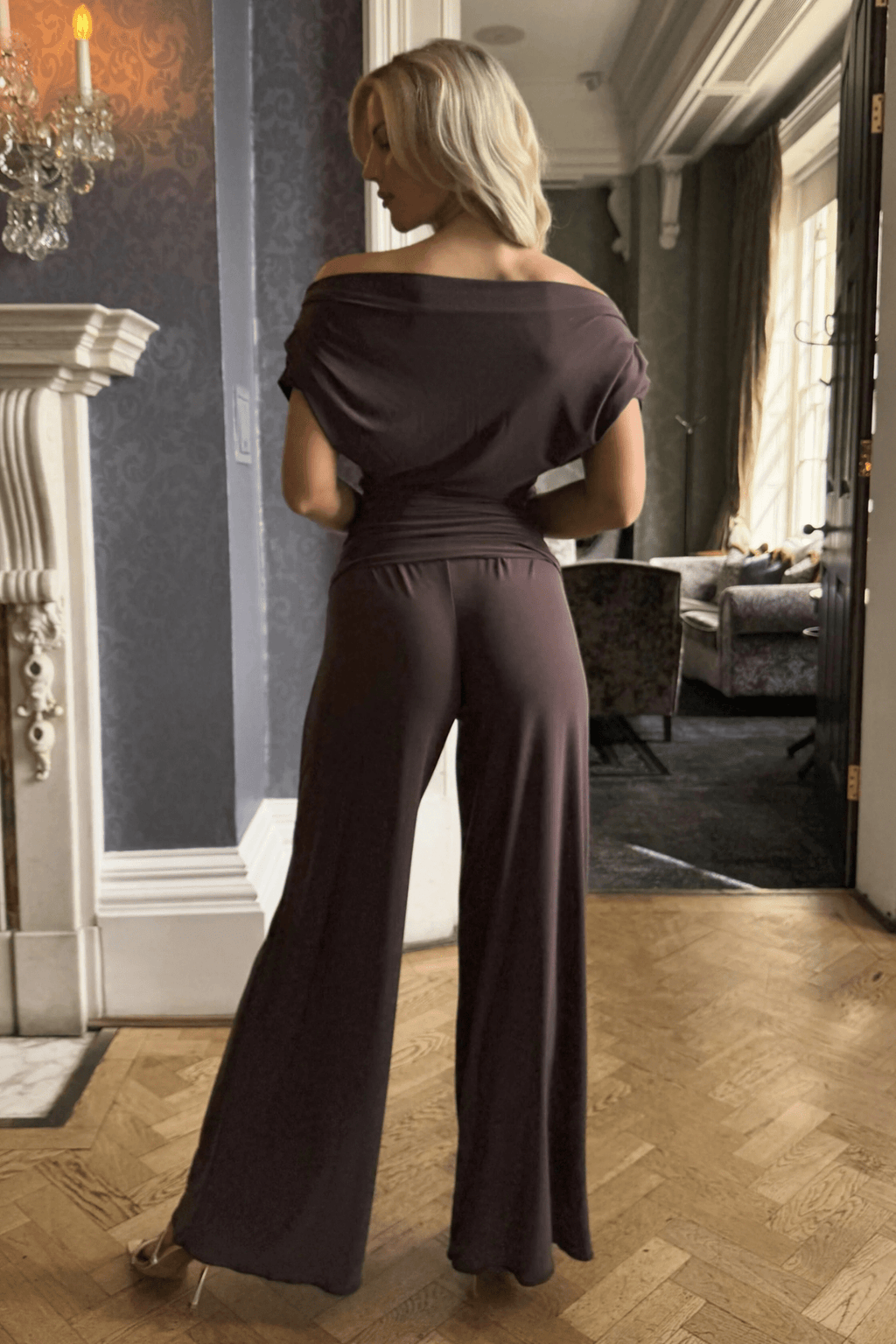 Atom Label Carbon Jumpsuit in Chocolate – off-shoulder wide-leg jumpsuit in stretch jersey, AW25 collection at Dotique.