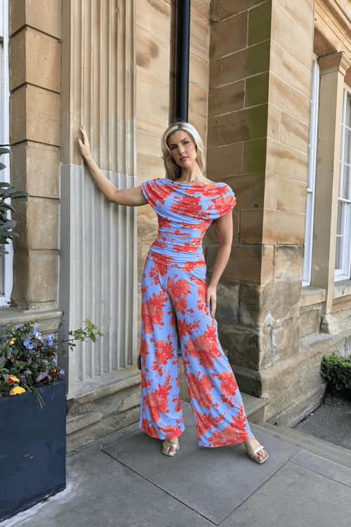 Atom Label Carbon Jumpsuit in Pale Blue & Orange Floral - Dotique