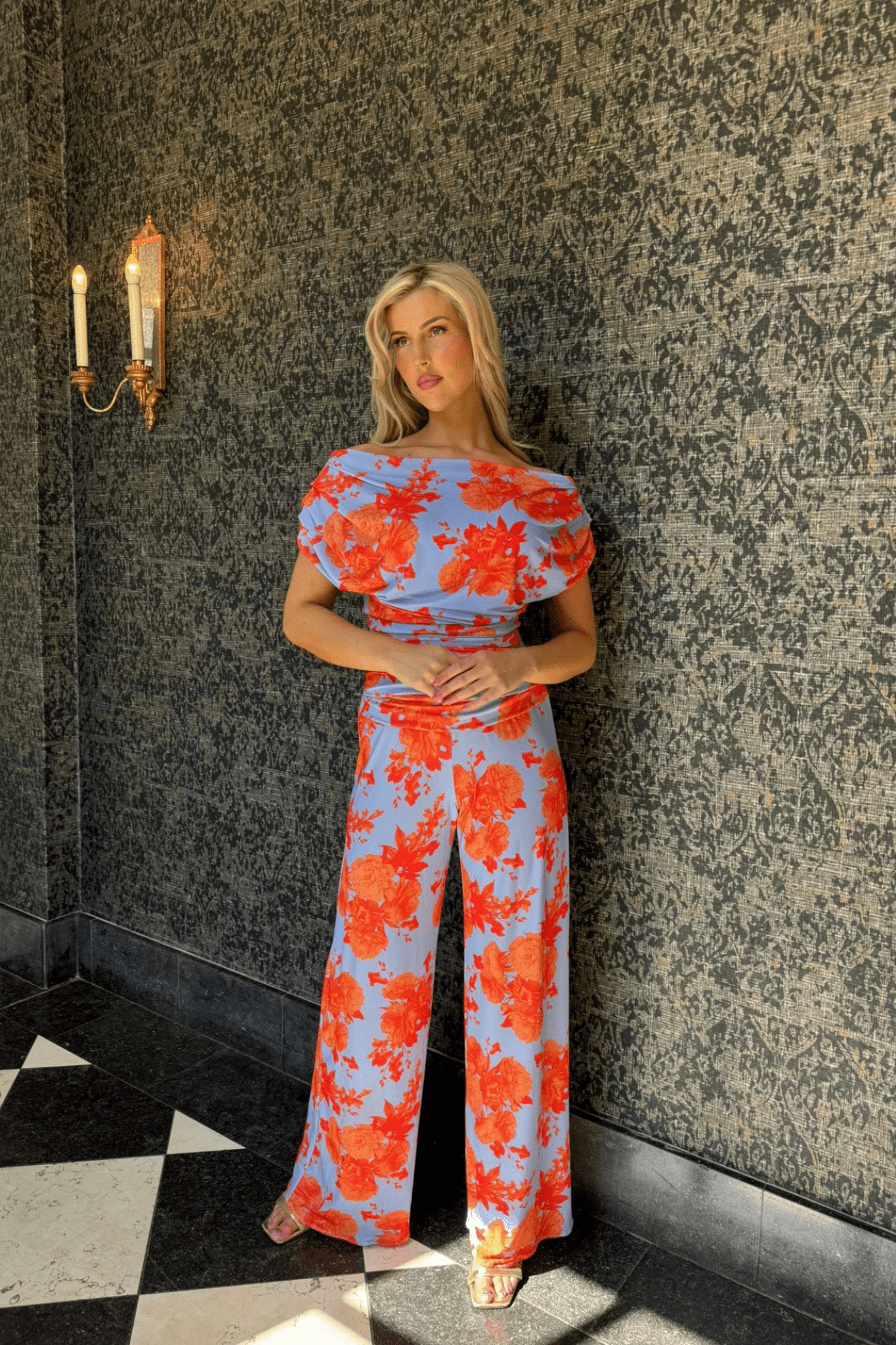 Atom Label Carbon Jumpsuit in Pale Blue & Orange Floral - Dotique