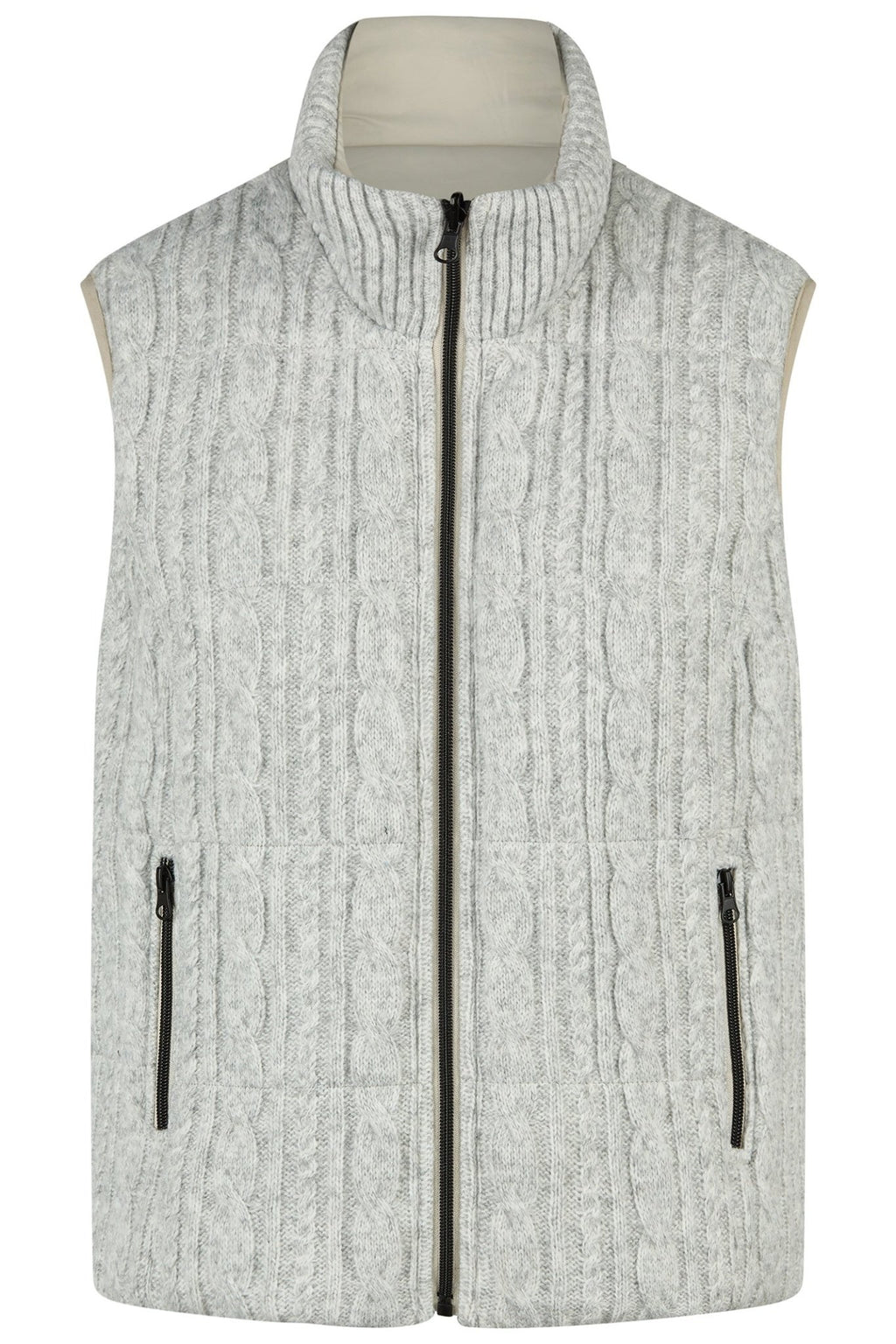 Light gray knit vest with black zippers on a white background