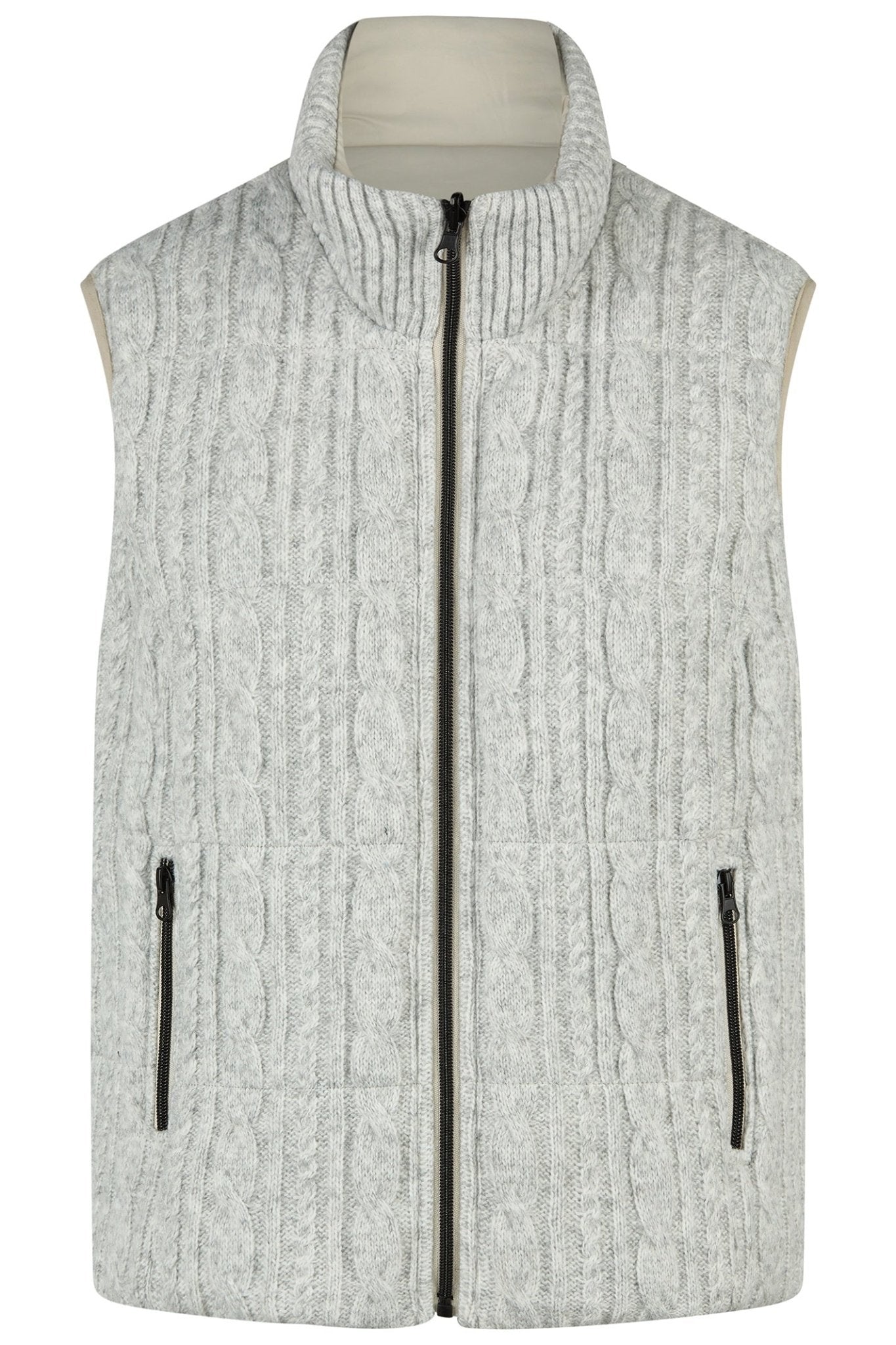 Light gray knit vest with black zippers on a white background