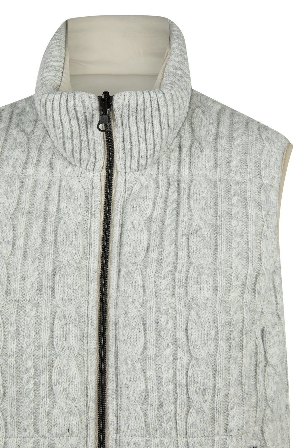 Light gray cable knit vest on a mannequin with a white background