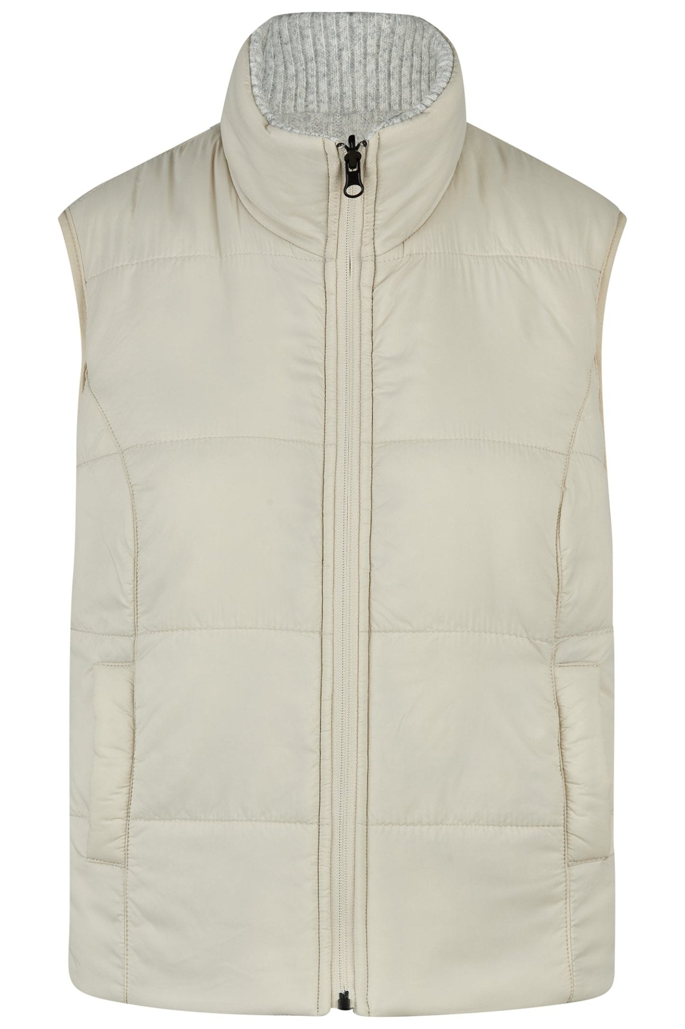 Beige puffer vest with a gray interior on a white background