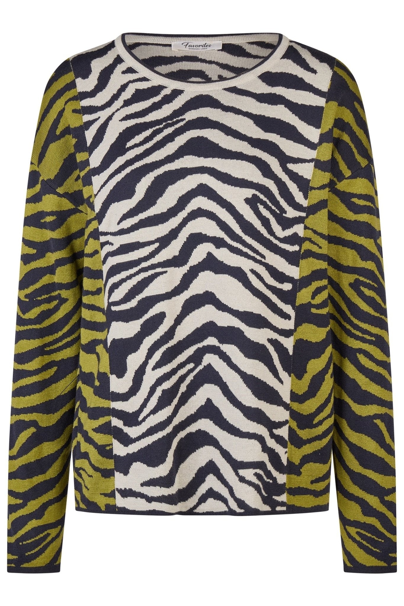 Long-sleeve shirt with zebra pattern in navy, white, and mustard yellow on a white background.