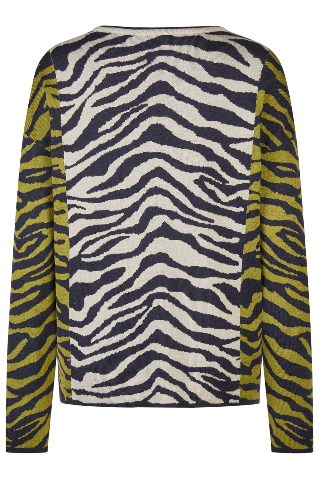 Long-sleeve shirt with zebra pattern and yellow accents on a white background