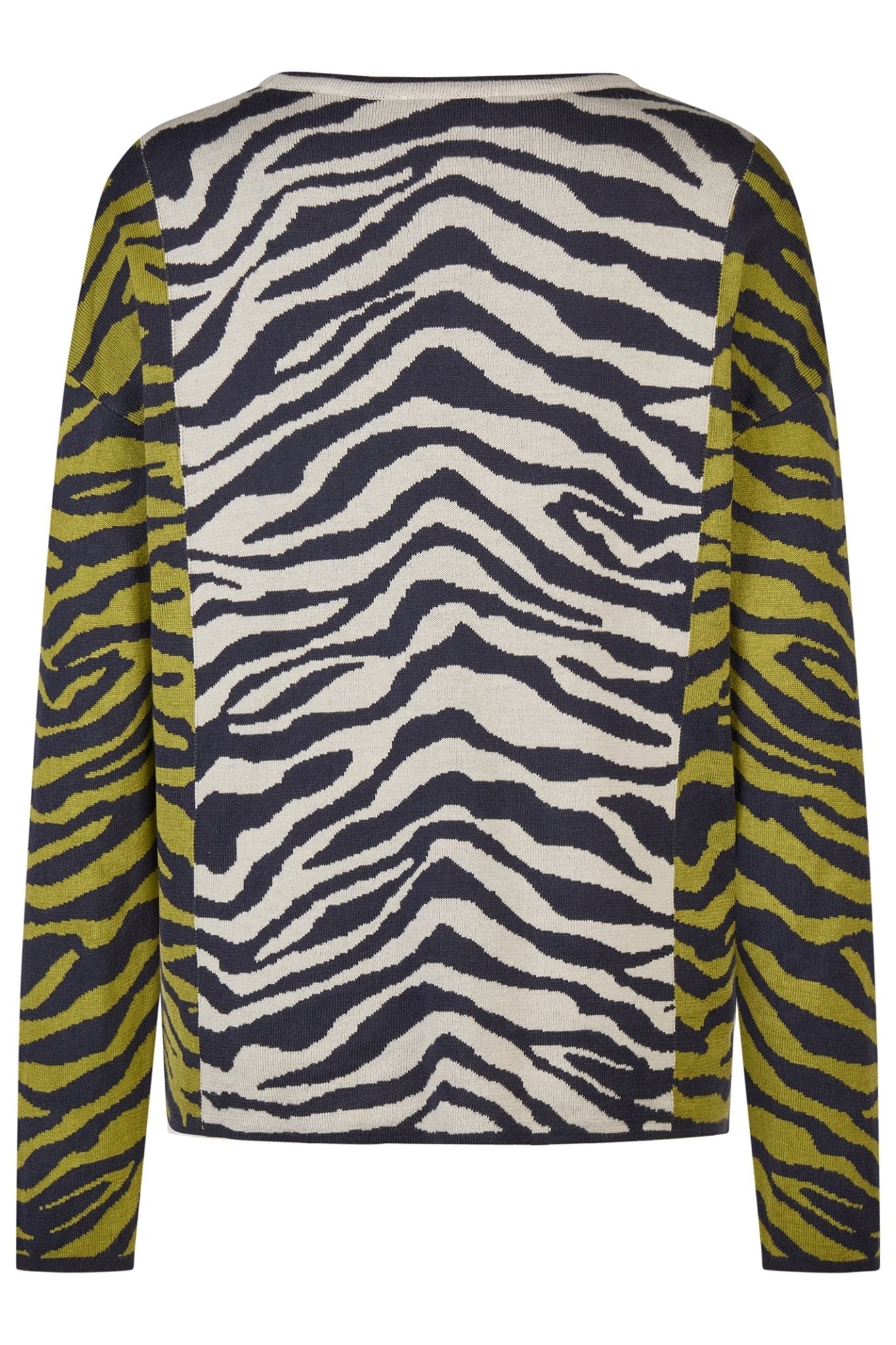 Long-sleeve shirt with zebra pattern and yellow accents on a white background