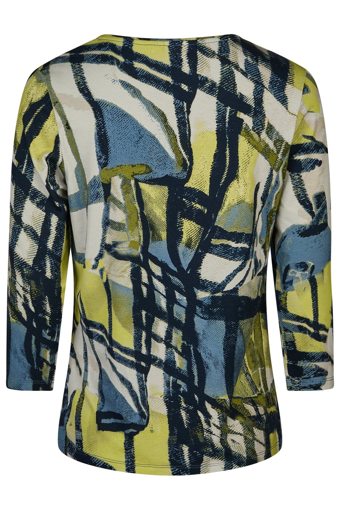 Colorful abstract patterned top on a white background