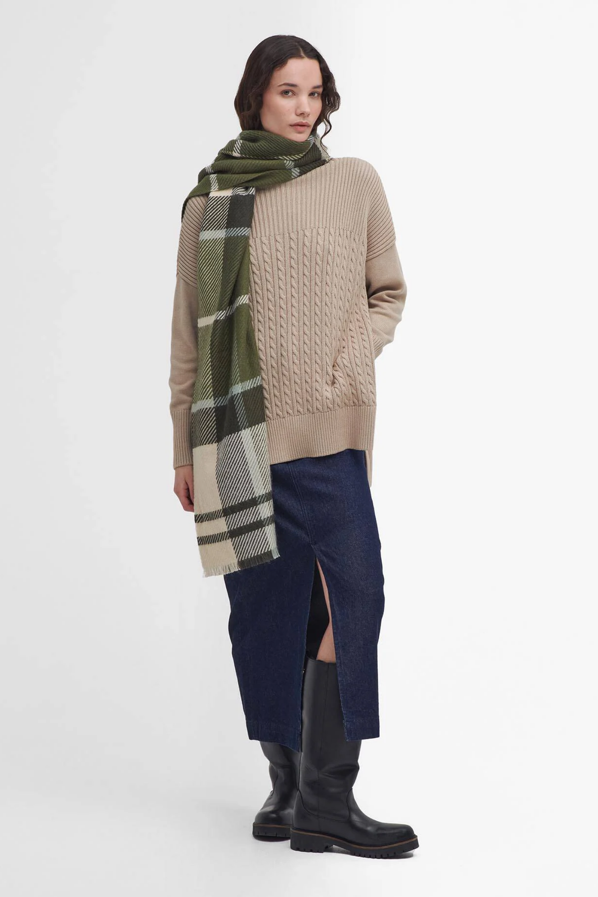 Barbour Blair Tartan Scarf Ancient Loden LSC0308 worn by model. Shop Barbour at Dotique.