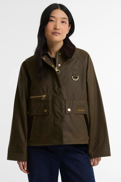 Barbour Cottingham Wax Jacket - Beech worn by a model. Shop Barbour at Dotique.