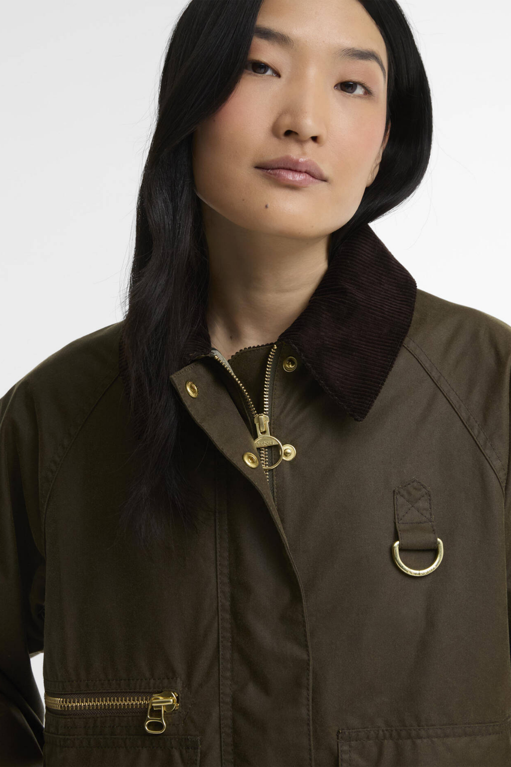 Barbour Cottingham Wax Jacket - Beech worn by model, olive brown with corduroy collar. Shop Barbour at Dotique.