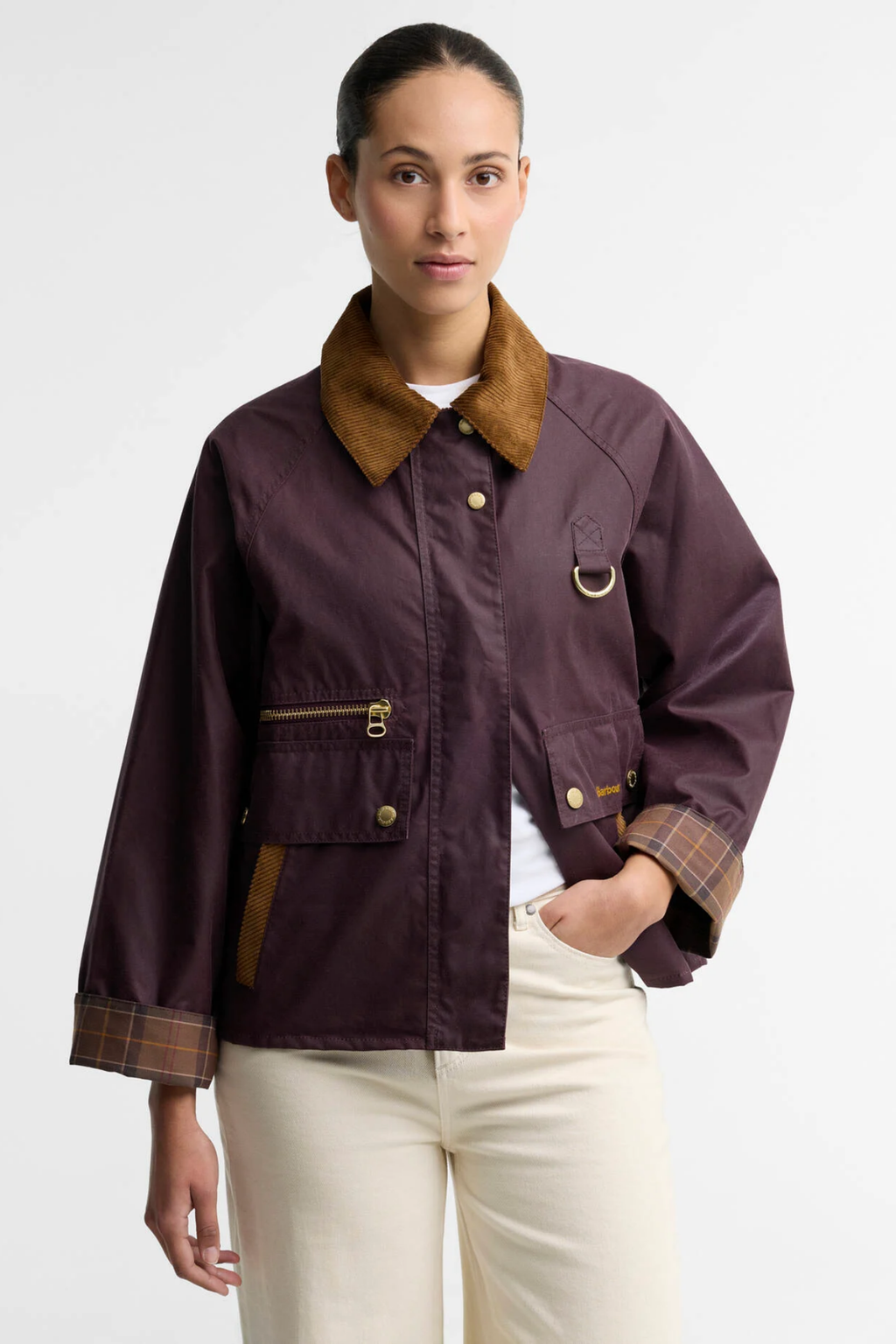Barbour Cottingham Wax Jacket -Bordeau in burgundy on model. Shop Barbour at Dotique