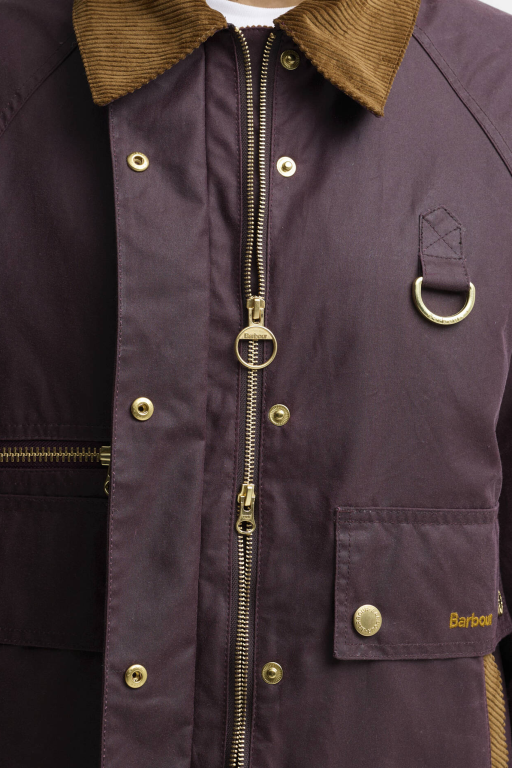 Barbour Cottingham Wax Jacket -Bordeau front detail with corduroy collar Shop Barbour at Dotique
