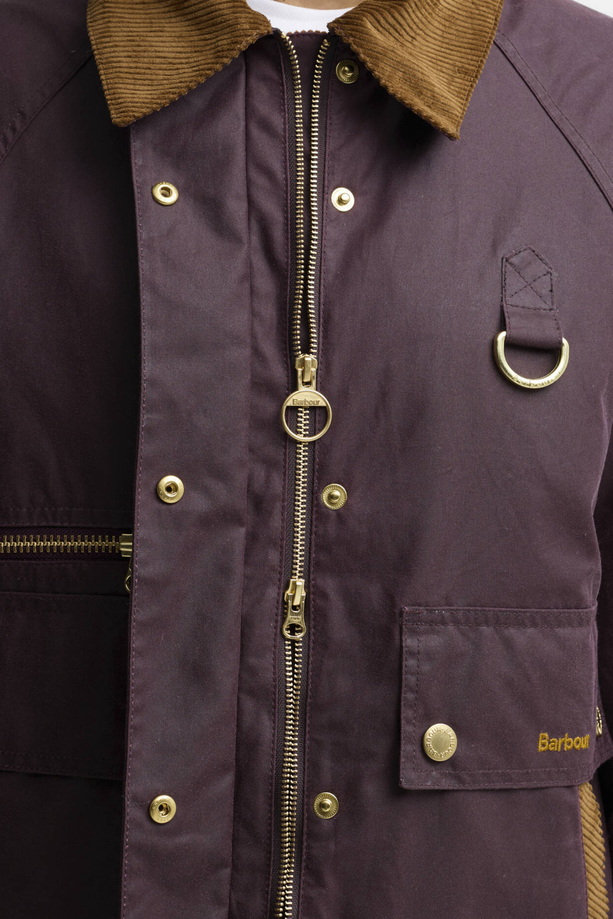 Barbour Cottingham Wax Jacket -Bordeau front detail with corduroy collar Shop Barbour at Dotique