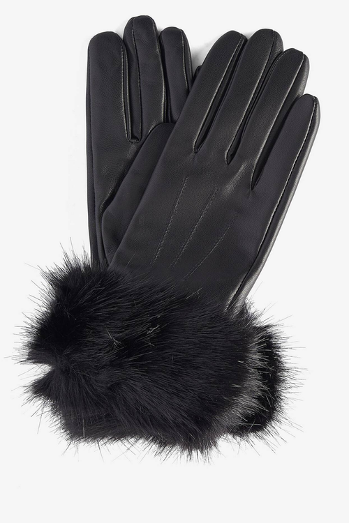 Barbour Fur Trim Gloves Black LGL0043 with black fur cuffs. You can Shop Barbour at Dotique