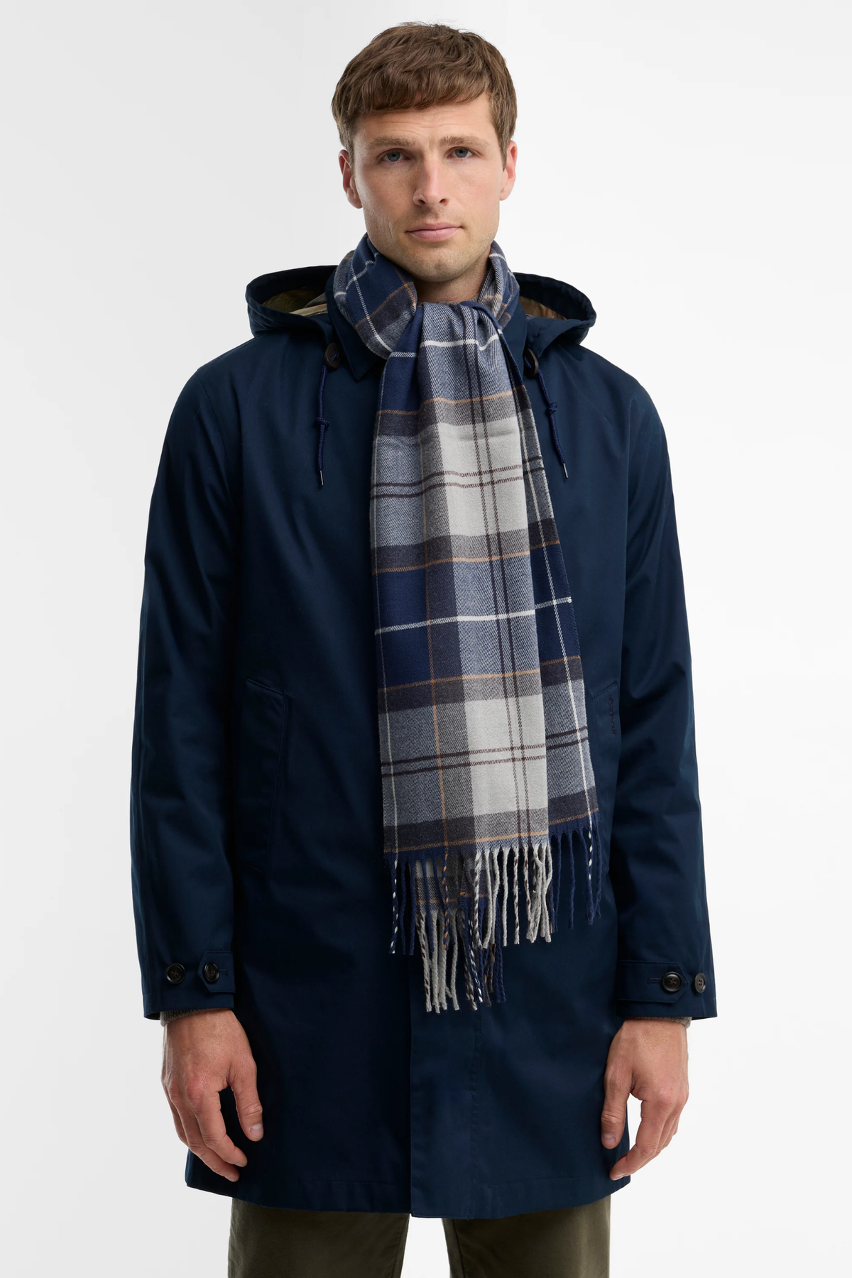 Barbour Galingale Scarf Grey USC0300 worn by a model Shop Barbour at Dotique