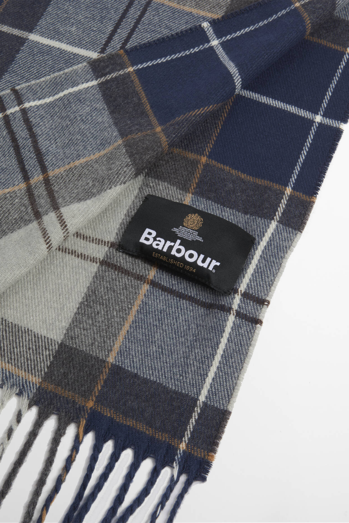 Barbour Galingale Scarf Grey USC0300 plaid scarf with fringed ends Shop Barbour at Dotique
