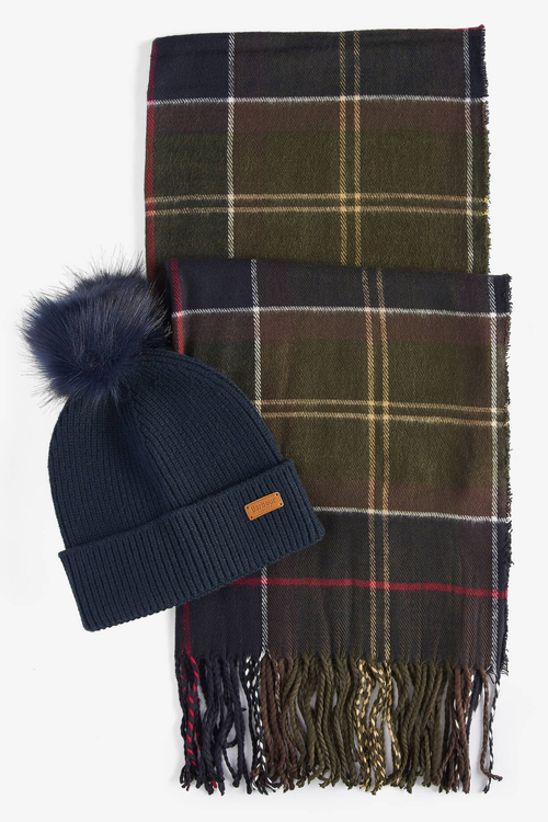 Barbour Dover Beanie & Hailes Scarf Gift Set Classic Tartan LGS0054 navy beanie tartan scarf Shop Barbour at Dotique