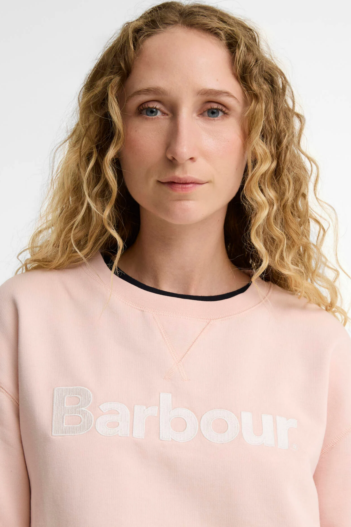 Barbour Hartland Logo Blush Pink Sweatshirt on model Shop Barbour at Dotique