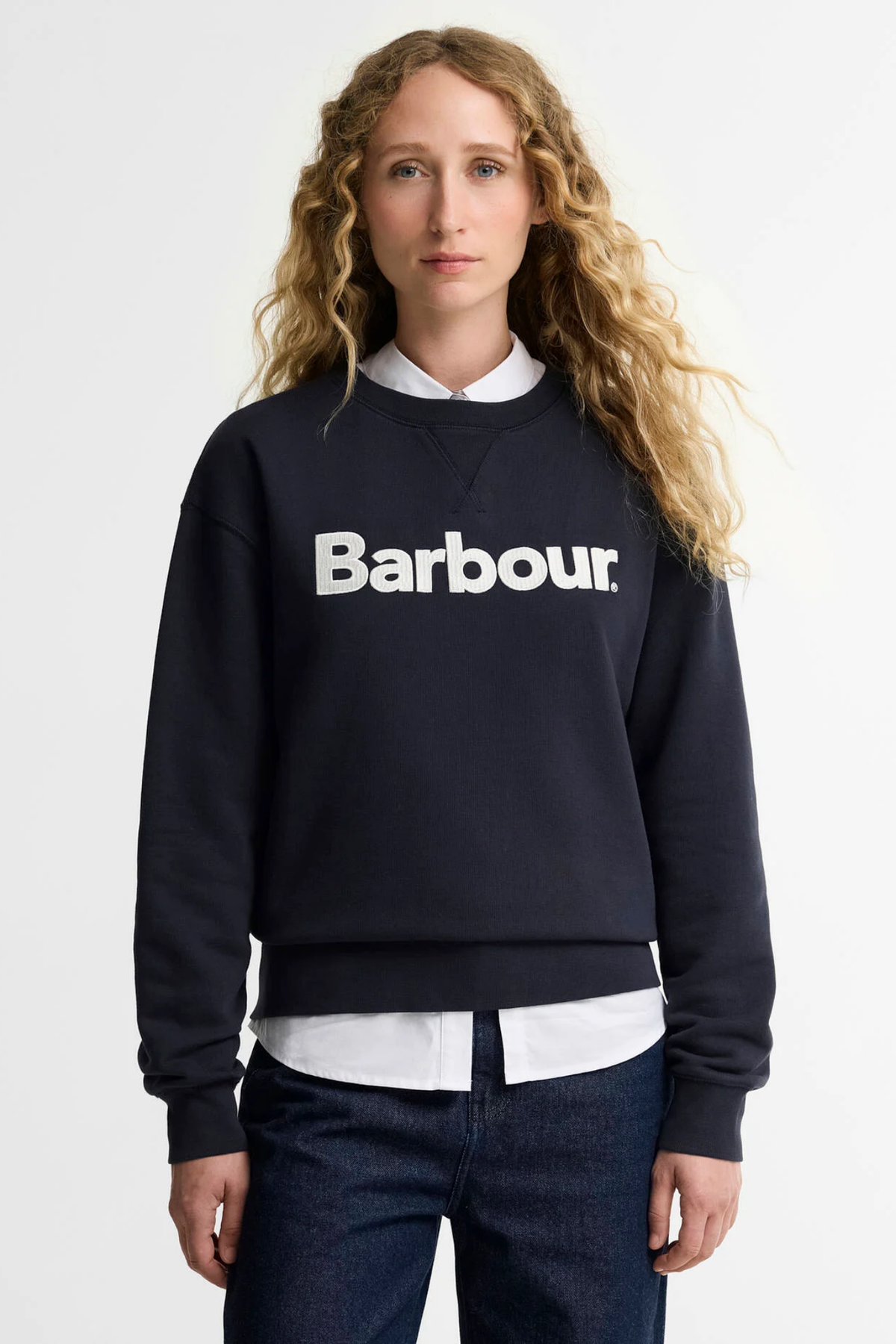Barbour Hartland Logo Dark Navy Sweatshirt by Barbour on model Shop Barbour at Dotique