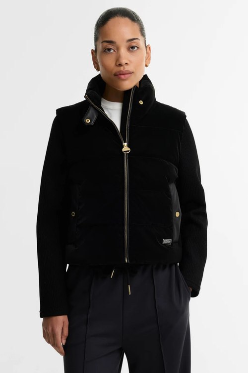Barbour International Balaton Faux Velvet Quilted Sweat Black LQS0072 on model. Shop Barbour International at Dotique
