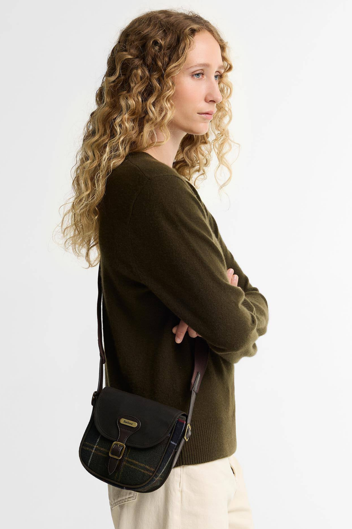 Barbour Whitley Crossbody Bag Clasic Navy worn crossbody by a model Shop Barbour at Dotique