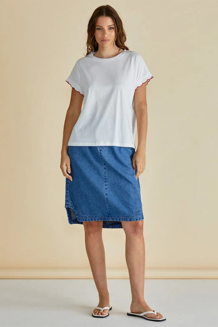 Betty Basics Sloane White and Red Scallop T-Shirt styled with denim skirt