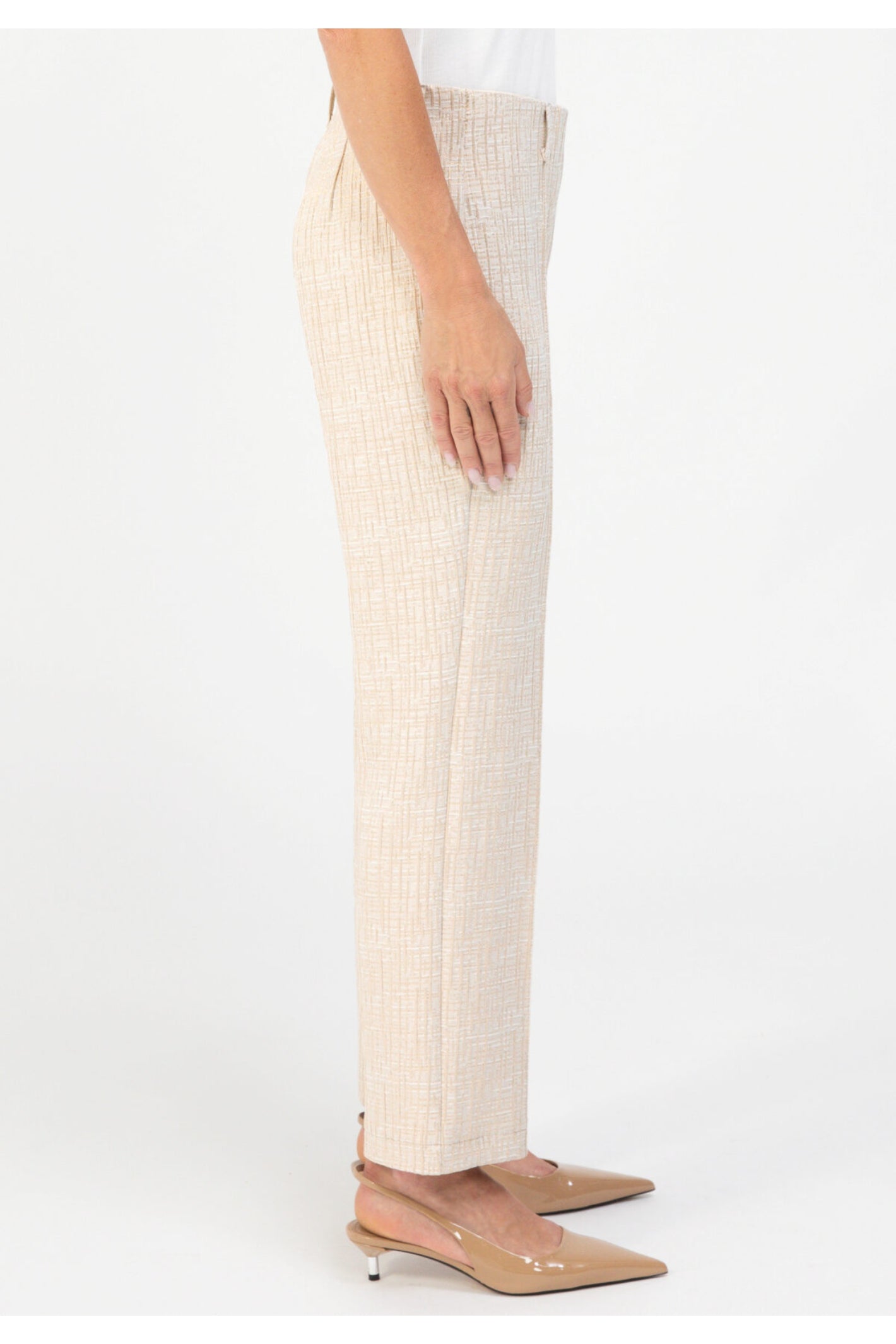 Side profile of model in Bianca 70023 Denver Beige Mix Trousers by bianca, shop bianca collection at Dotique