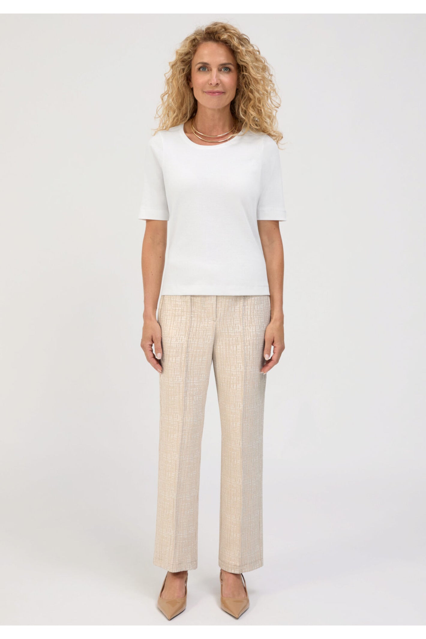 Model facing forward wearing Bianca 70023 Denver Beige Mix Trousers by bianca, shop bianca at Dotique