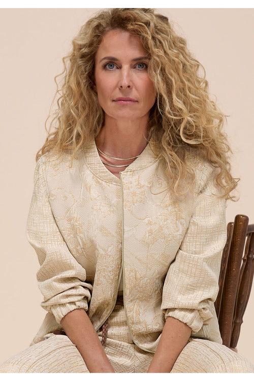Close-up front view of model wearing Bianca 74032 Rachel Textured Jacket Beige Mix by bianca, shop bianca at Dotique