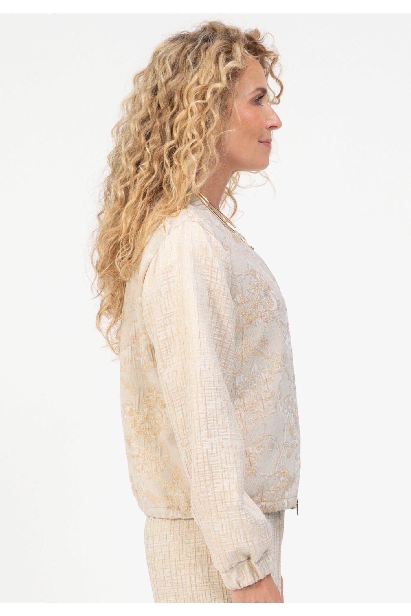 Side view of model wearing Bianca 74032 Rachel Textured Jacket Beige Mix by bianca, shop bianca at Dotique