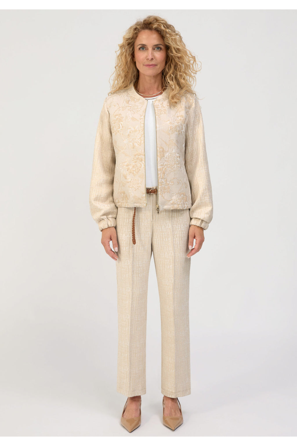 Front view of model wearing Bianca 74032 Rachel Textured Jacket Beige Mix by bianca, shop bianca at Dotique