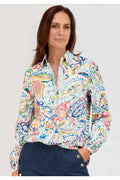 Model wearing Bianca 75002 Adina Printed Shirt Blouse Blue Mix by bianca, shop bianca collection at Dotique front view