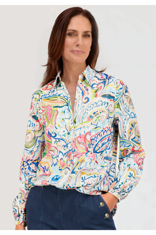 Model wearing Bianca 75002 Adina Printed Shirt Blouse Blue Mix by bianca, shop bianca collection at Dotique front view
