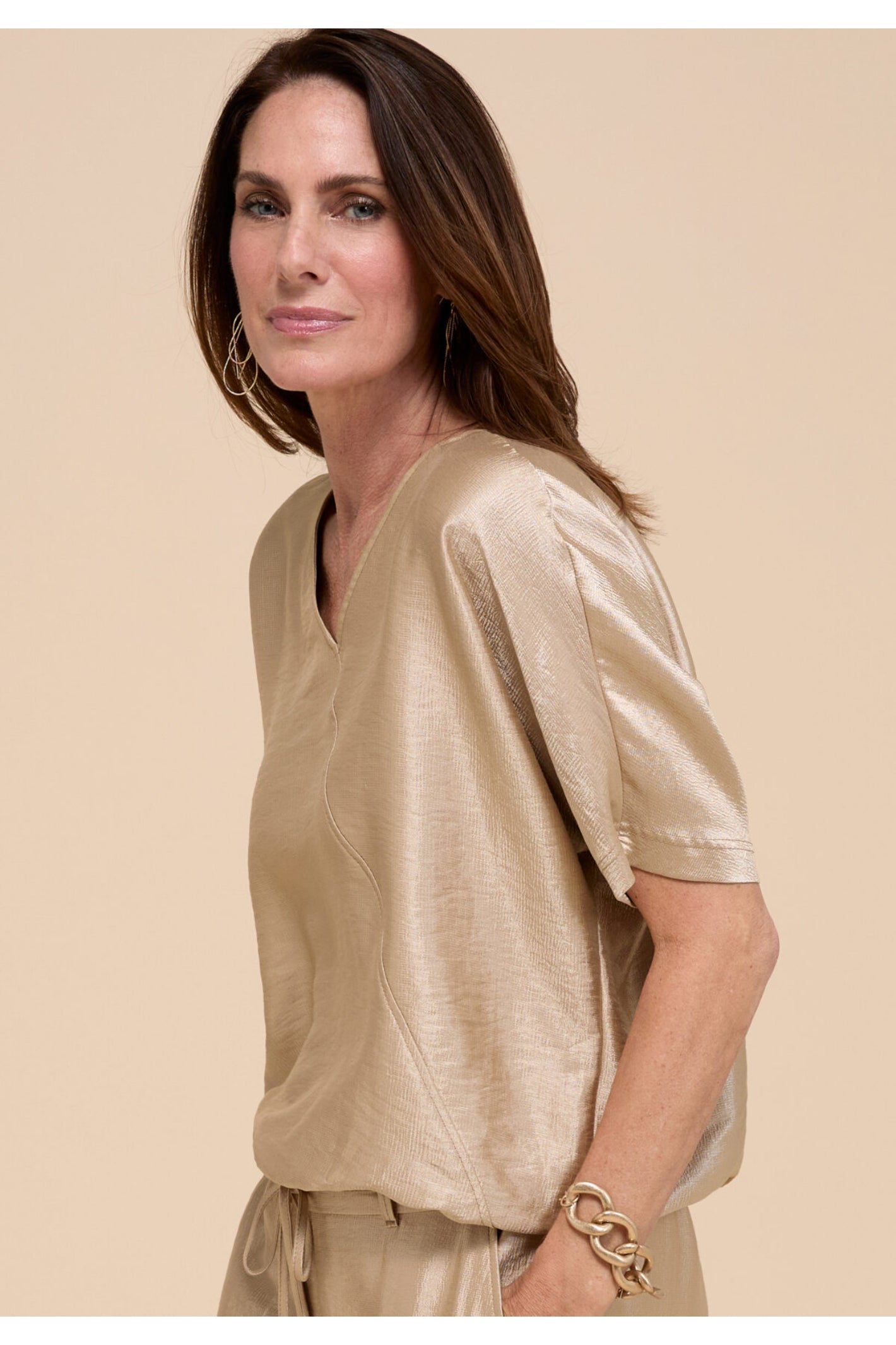 Model wearing Bianca 75022 Witta Wrap-Style Blouse Cacao by Bianca, shop Bianca at Dotique for stylish fashion.