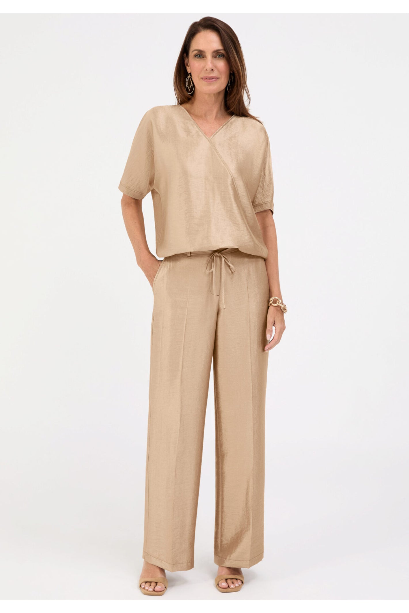 Woman wearing Bianca 75022 Witta Wrap-Style Blouse Cacao by Bianca, shop Bianca at Dotique for elegant styles.