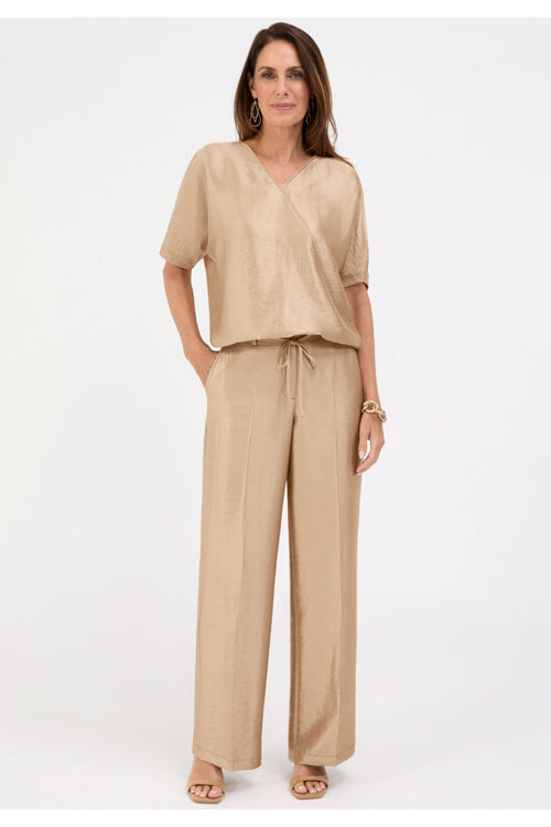Woman wearing Bianca 75022 Witta Wrap-Style Blouse Cacao by Bianca, shop Bianca at Dotique for elegant styles.