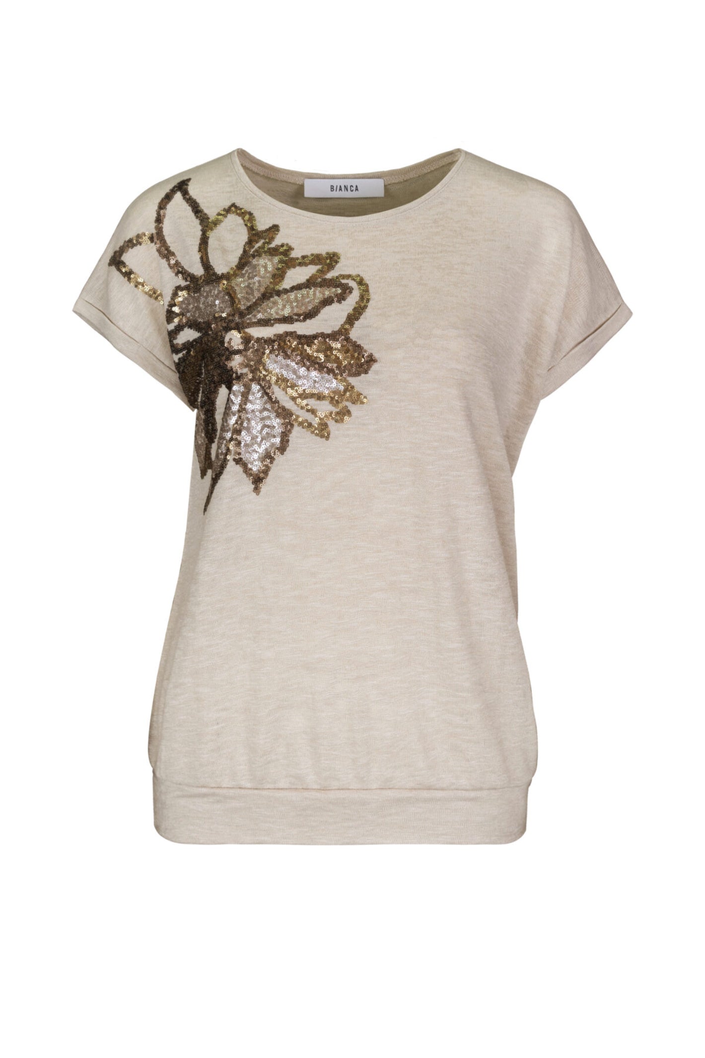 Front view of Bianca 76019 Julie Embellished T-Shirt Oatmilk by bianca, shop bianca collection at Dotique
