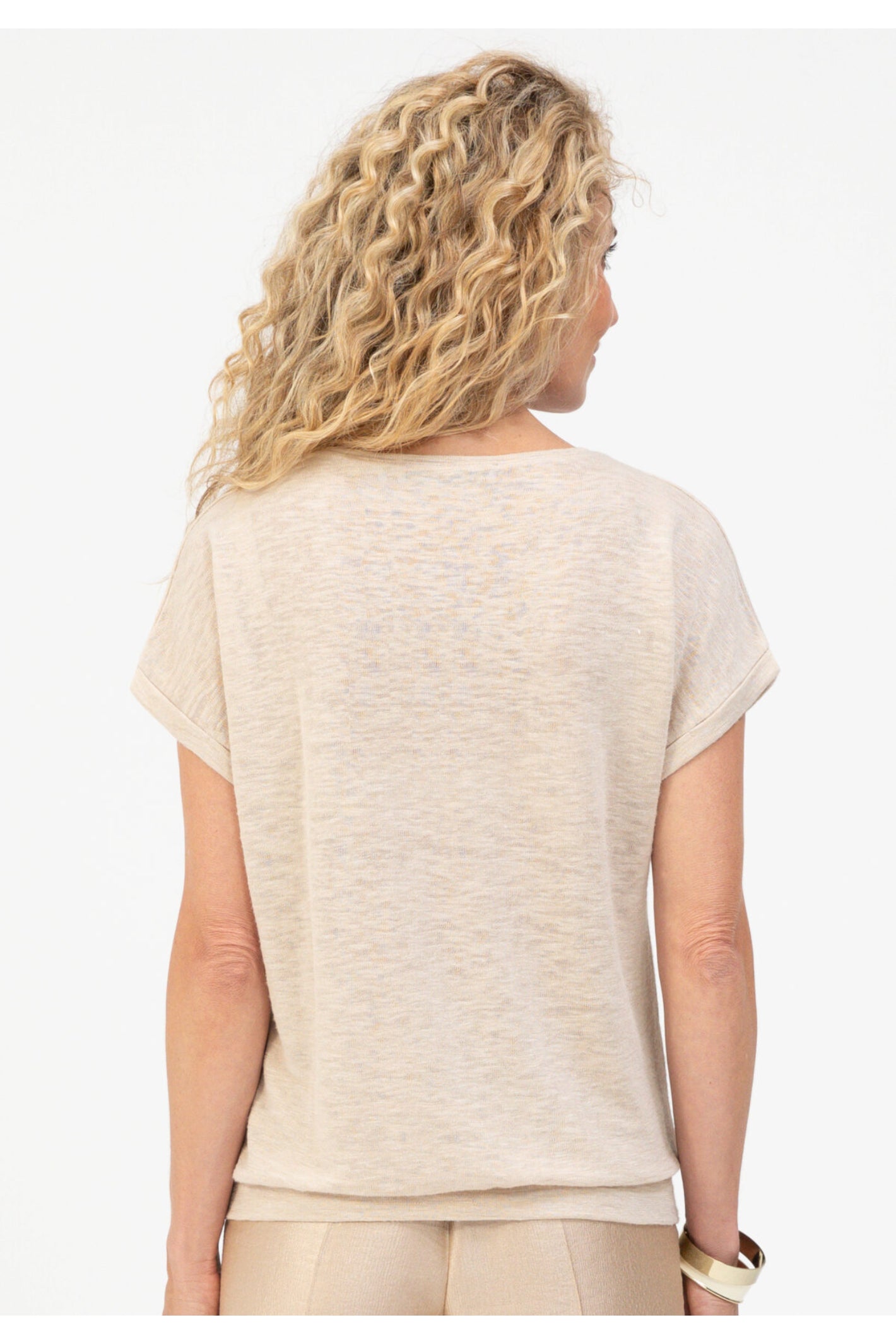 Back view of model wearing Bianca 76019 Julie Embellished T-Shirt Oatmilk by bianca, shop bianca at Dotique