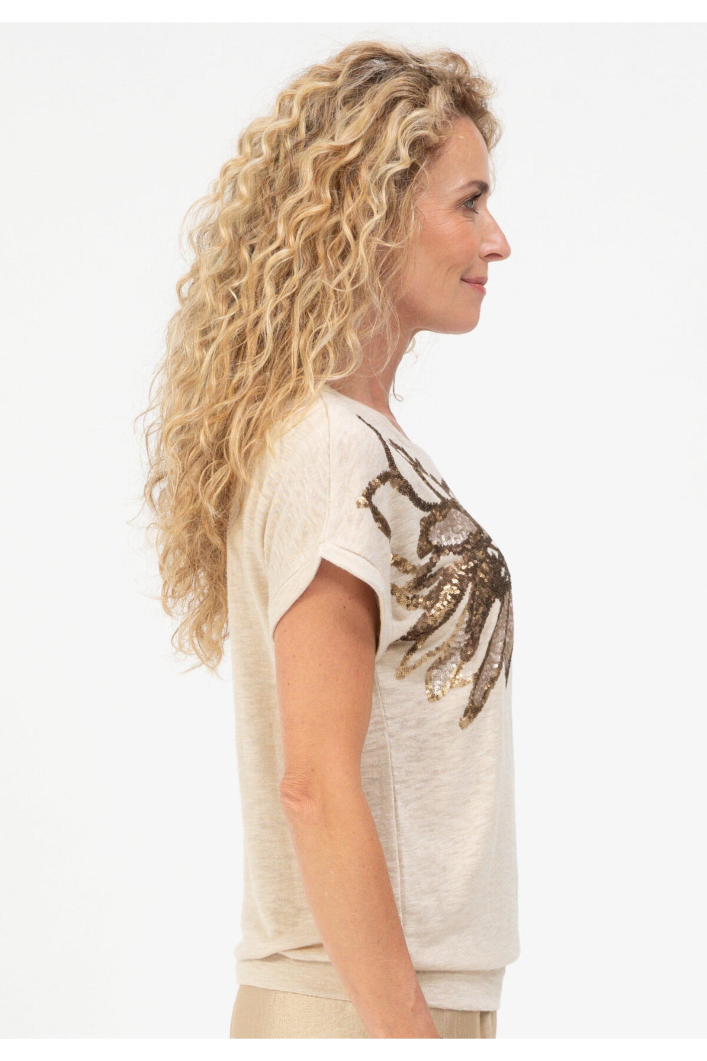 Side profile of model wearing Bianca 76019 Julie Embellished T-Shirt Oatmilk by bianca, shop bianca at Dotique
